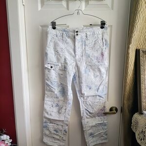 Anthropologie White Cargo Pants with Multicolor Splatter